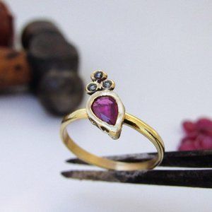 Ruby Gold Ring, Pear Cut Ruby, Cluster Ring, Handmade Jewelry